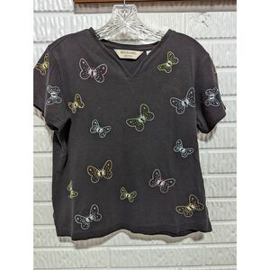 Vintage Bechamel Petites Women's Black Embroidered Butterfly Tee Size PS